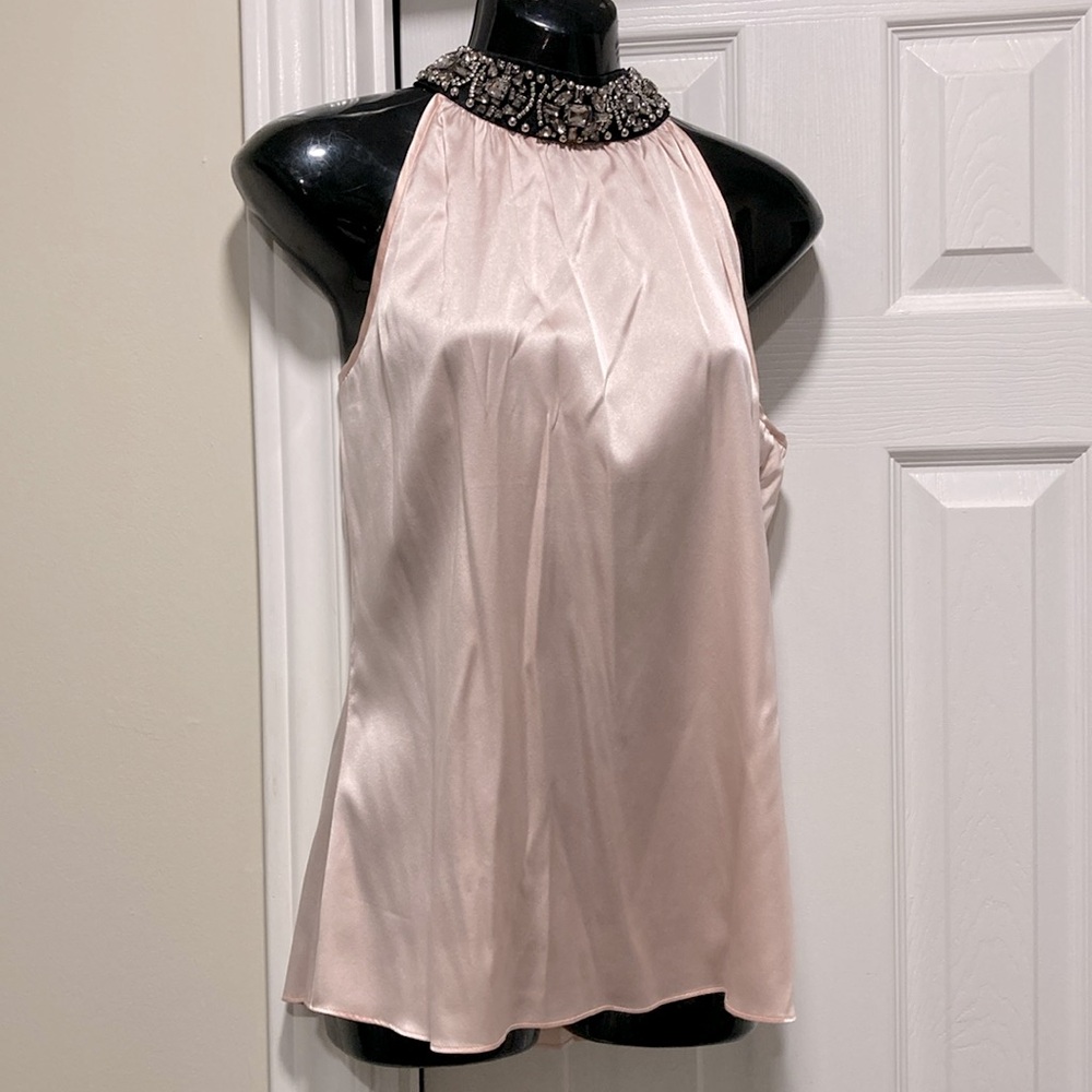 NWOT - Caché Pink Silk Sleeveless Halter Blouse Black Rhinestone Collar - Sz L*